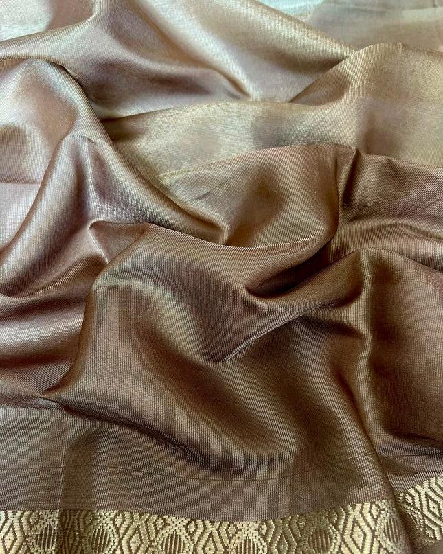 Tusser Tissue Saree With Kalamkari Print and Small Zari Border - Gold