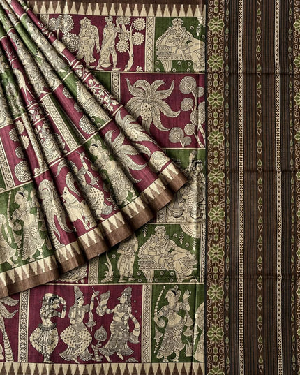 Tusser Silk Saree With Kalamkari Print and Contrast Border-  Maroon