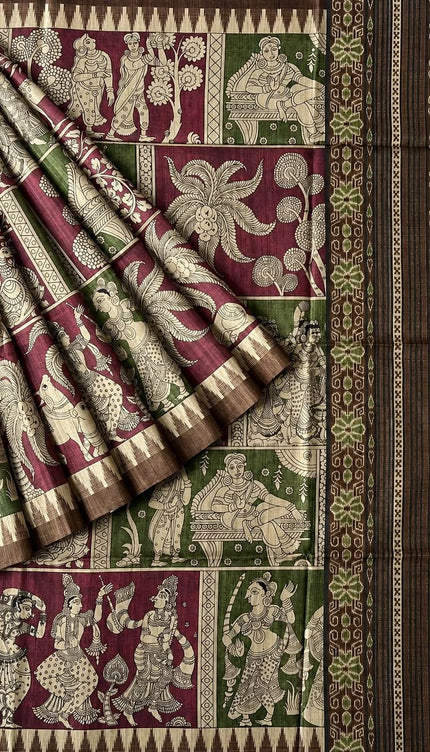 Tusser Silk Saree With Kalamkari Print and Contrast Border-  Maroon