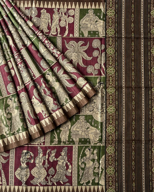 Tusser Silk Saree With Kalamkari Print and Contrast Border-  Maroon