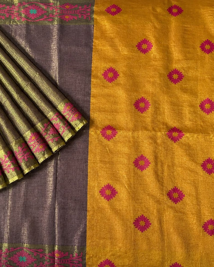 Tusser Silk Saree  With Thread Weaving Butties  With Golden Border- Black