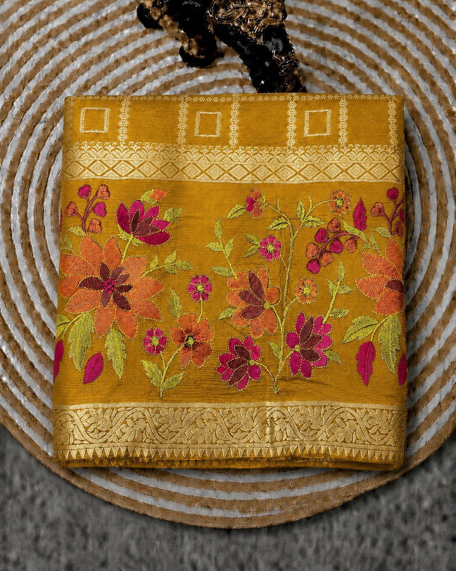 Chinon Crepe Saree With Golden Checks Design and Thread Embroidery Border - Mustard