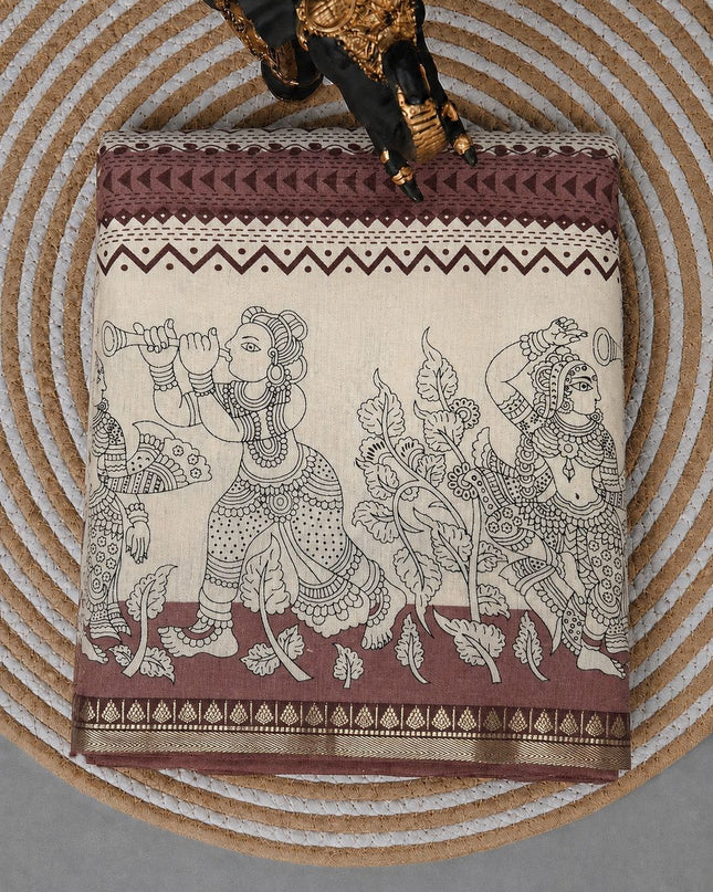 Muslin Silk Saree With  Geometrically Print and  Kalamkari Print and Golden Border - Onion Pink
