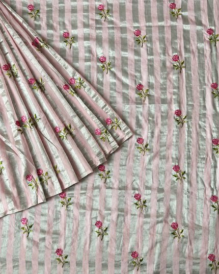 Chanderi Tissue Saree With Floral Thread Motif - Pink