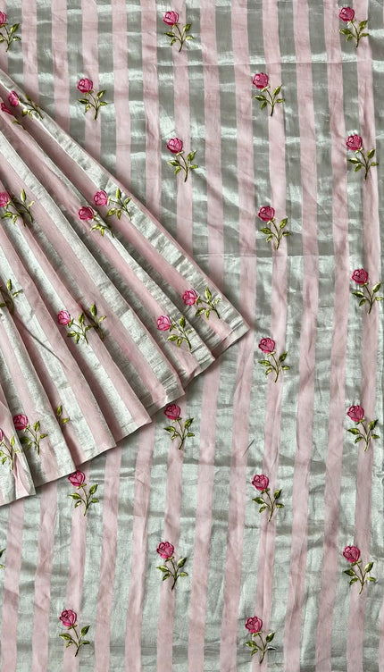 Chanderi Tissue Saree With Floral Thread Motif - Pink