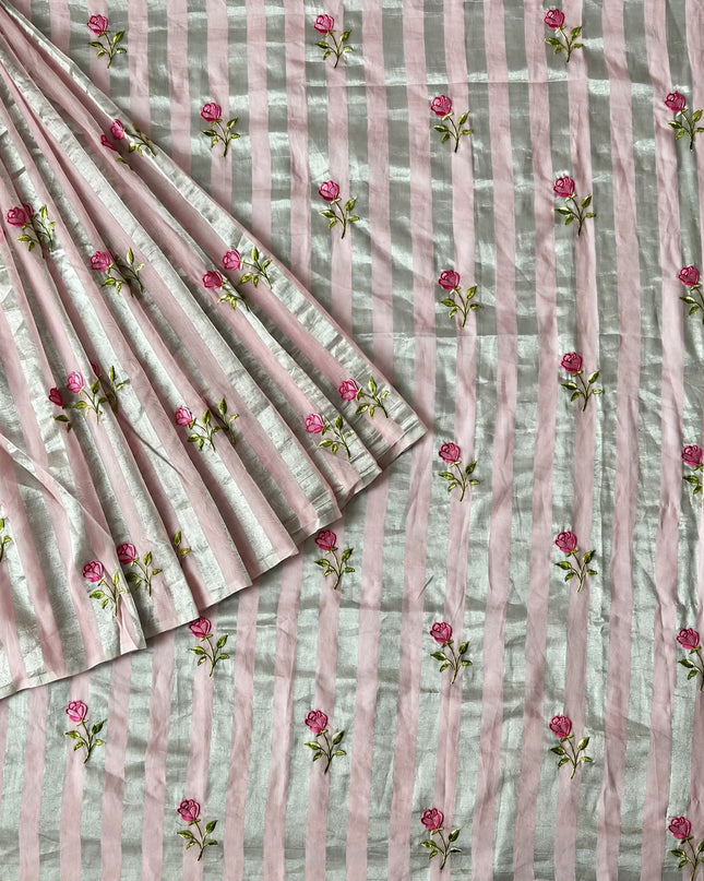 Chanderi Tissue Saree With Floral Thread Motif - Pink