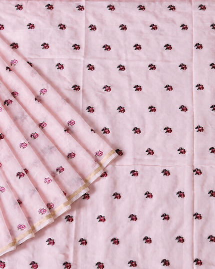 Mul Chanderi saree with Thread Embroidery Butties And Golden Zari Border  - Baby Pink