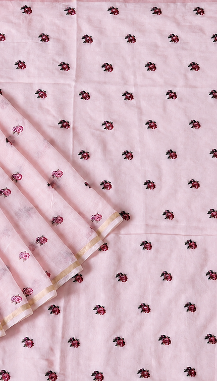 Mul Chanderi saree with Thread Embroidery Butties And Golden Zari Border  - Baby Pink