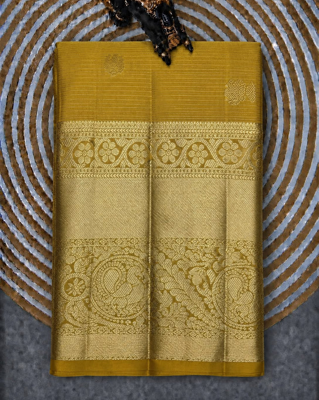 Pure Kanchi Pattu Saree With Allover Stripes Design and Rudraksh Peacock Motifs and Golden Border - Yellow