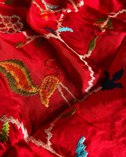Munga Silk Saree With Gold and Silver Peacock and Elephant Butties Golden  Zari Elephant Design  Border -Red