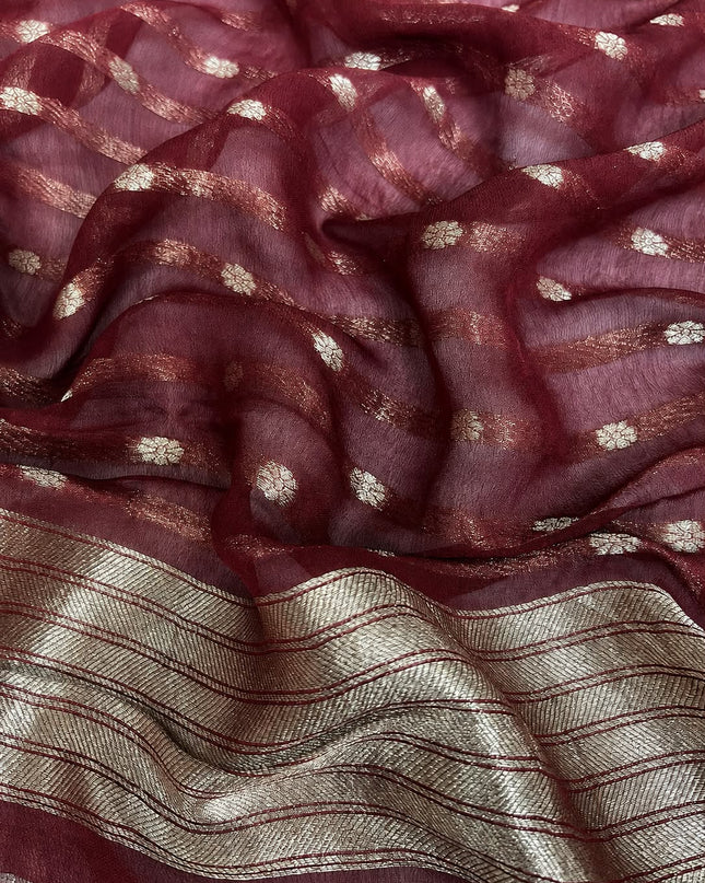 Kaddi Georgette saree with Allover Gold Zari Leaf Jall Design Kaddi Border- Maroon