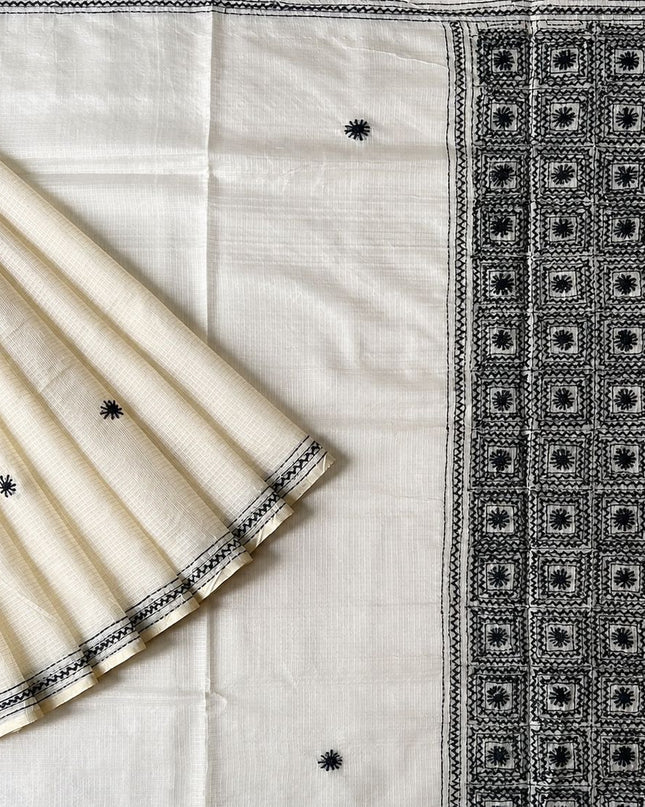 Silk Kota Saree with Katha Work and Small Golden Border- Beige