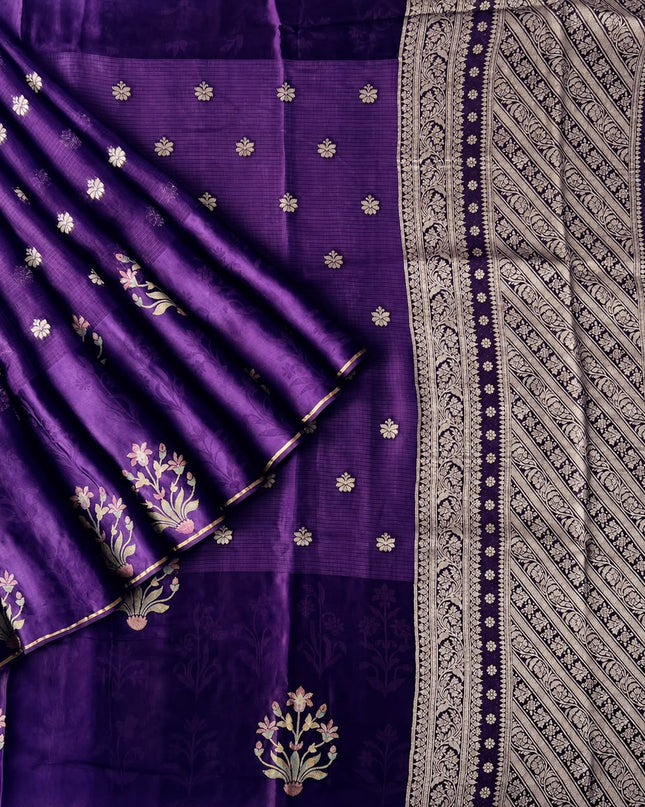 Manipuri kota  Gold and silver  Zari weaving Buttis  with Satin Border - Violet