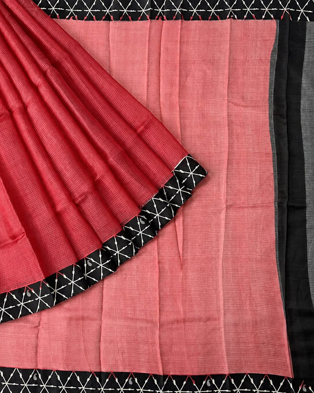 Pure Silk Kota Saree With Contrast Border - Red