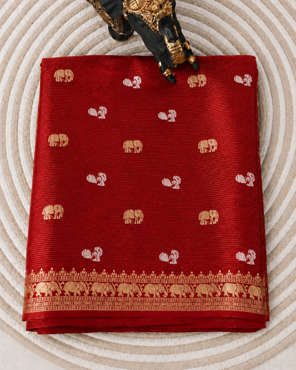 Munga Silk Saree With Gold and Silver Peacock and Elephant Butties Golden  Zari Elephant Design  Border -Red