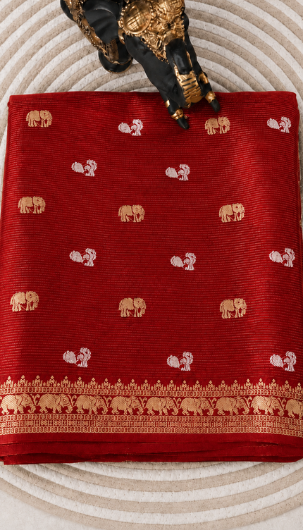 Munga Silk Saree With Gold and Silver Peacock and Elephant Butties Golden  Zari Elephant Design  Border -Red