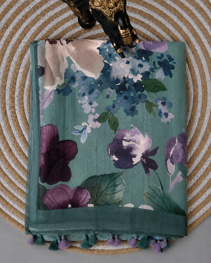 Crepe Saree with Digital Printed with small Border-  Sage Green