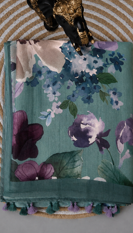 Crepe Saree with Digital Printed with small Border-  Sage Green