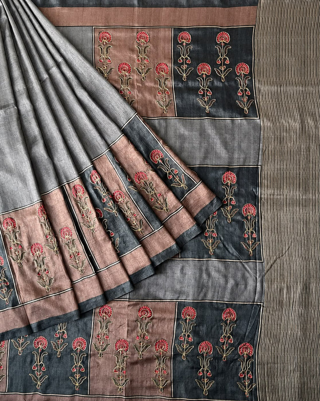 Tusser Saree With Floral Print With Ari Work  Contrast Border - Grey
