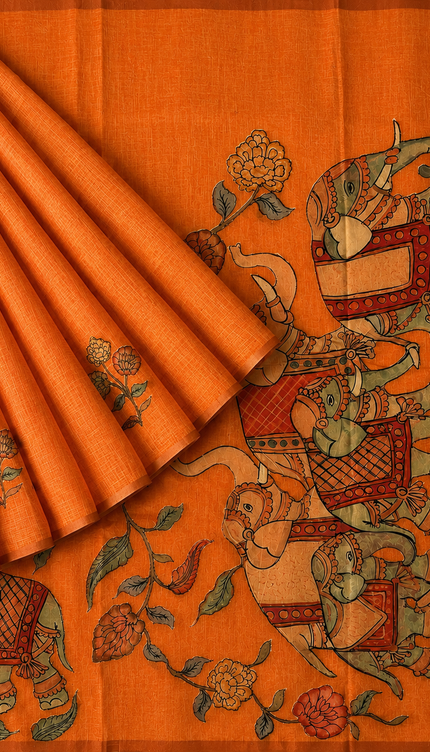 Linen Tissue Saree With Applique Work small Zari Border - Orange