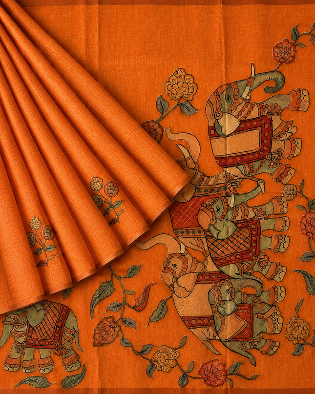 Linen Tissue Saree With Applique Work small Zari Border - Orange