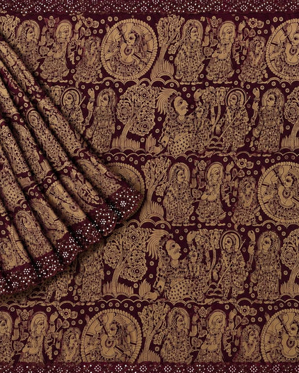 Georgette Saree With Kalmkari Print and Scallop Border and Mirror Work  - Maroon