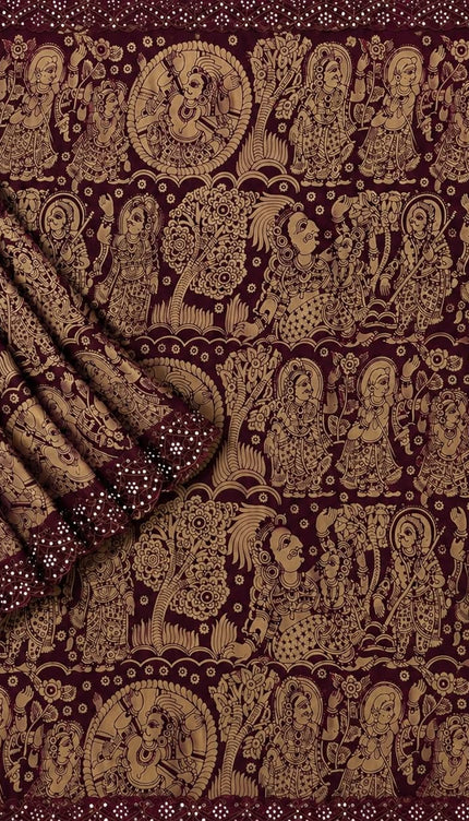 Georgette Saree With Kalmkari Print and Scallop Border and Mirror Work  - Maroon