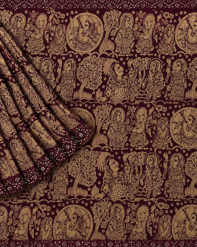 Georgette Saree With Kalmkari Print and Scallop Border and Mirror Work  - Maroon