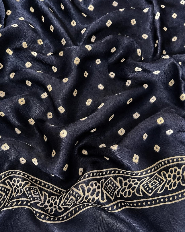 Modal silk saree with ajrakh Design and  Contrast Border -  Navy