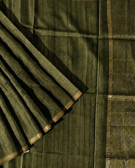 Tusser Silk Saree with Weaving Thread Stripes and  Small Golden Zari Border  - Olive Green