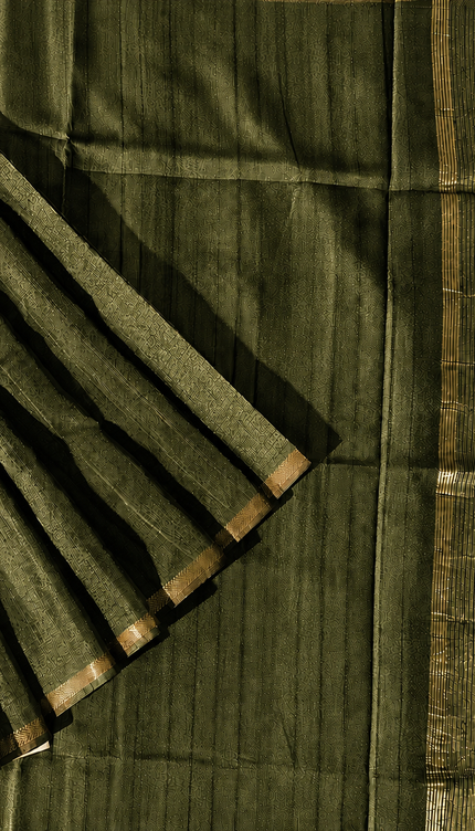 Tusser Silk Saree with Weaving Thread Stripes and  Small Golden Zari Border  - Olive Green