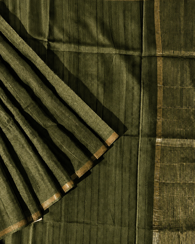 Tusser Silk Saree with Weaving Thread Stripes and  Small Golden Zari Border  - Olive Green