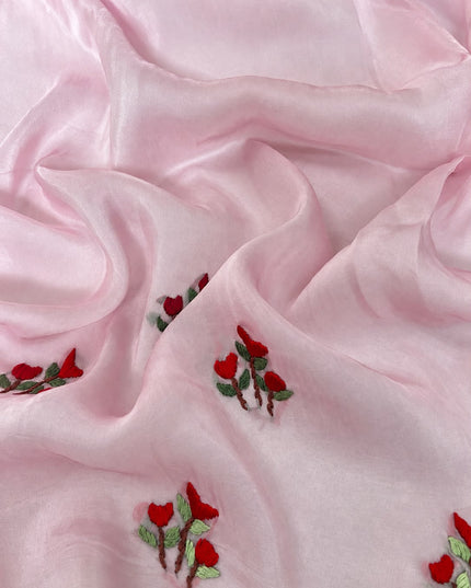 Italian Silk Saree With Kantha Work and French knot Work and Scallop Border- Pink