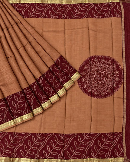 Pure Silk Kota Saree With Bhandni Print and Small Kanchi Border - Brown