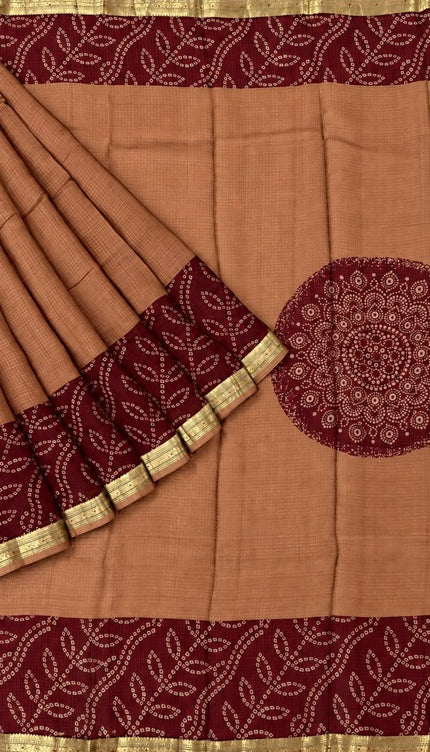 Pure Silk Kota Saree With Bhandni Print and Small Kanchi Border - Brown