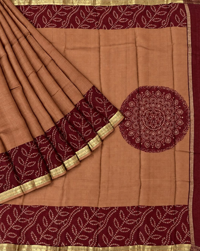 Pure Silk Kota Saree With Bhandni Print and Small Kanchi Border - Brown