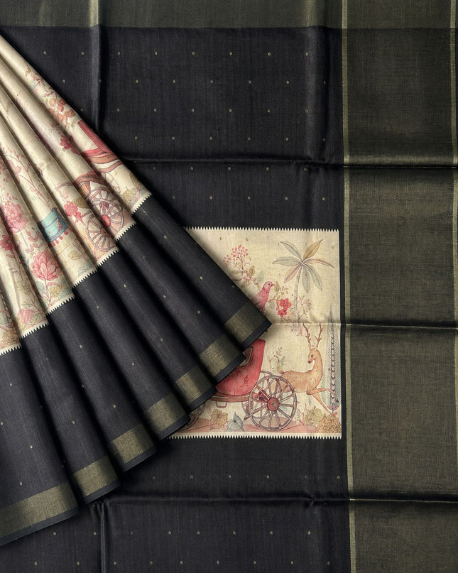 Tussar silk saree with digital print zari border - Black