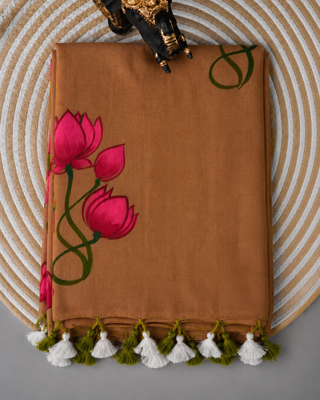 Mul cotton saree with Hand Painting  -  Onion Pink
