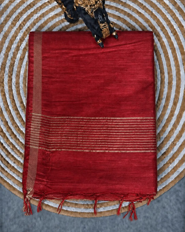 Semi Tusser Saree with Zig Zag Print and Warly Print and contrast Border  -Red