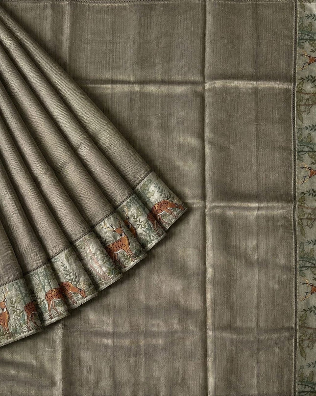 Tissue Saree with shikari border saree - Light Grey