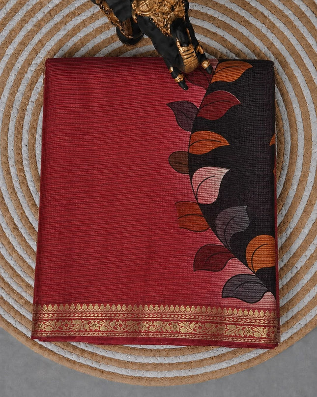 Pure Silk Kota Saree With Kalamkari Print and Small Gold Border - Red