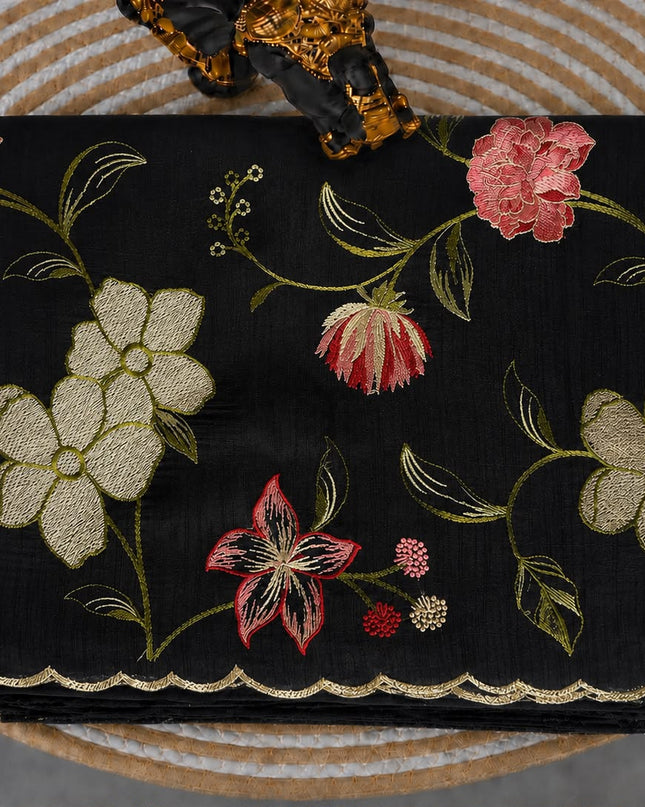 Jute Tusser Saree With All Over Thread Embroidery  Work Scallop Border - Black