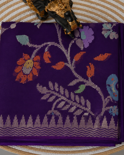 Chanderi  Silk Saree with All over Jamdani weaving style and golden Zari border - Violet