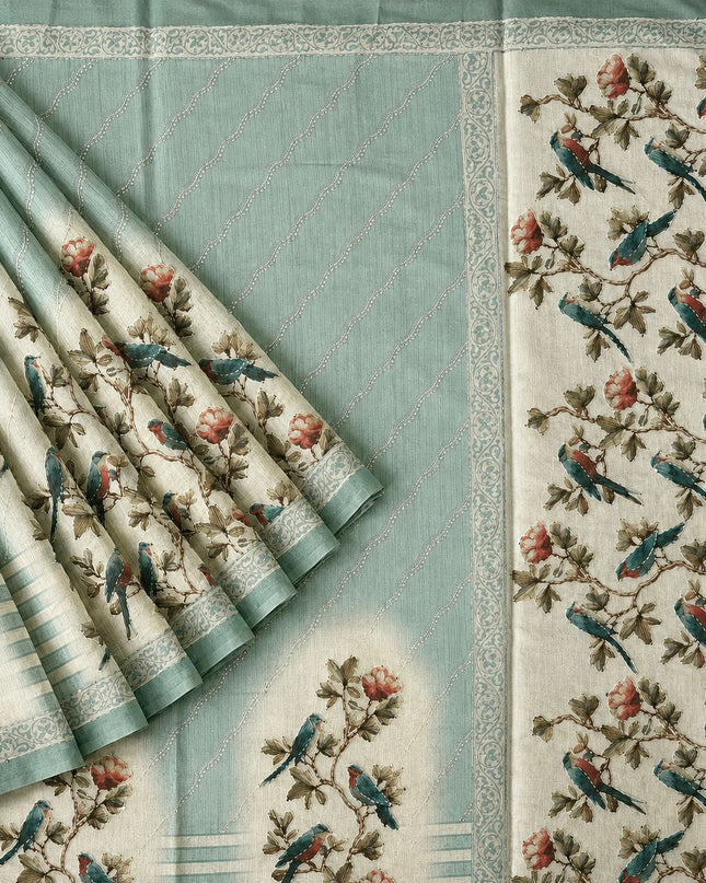Chanderi Saree With Floral and Kantha Work and  Contrast Border- Sage Green
