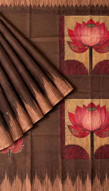 Chanderi Saree Lotus Butties Temple Design Border- Brown