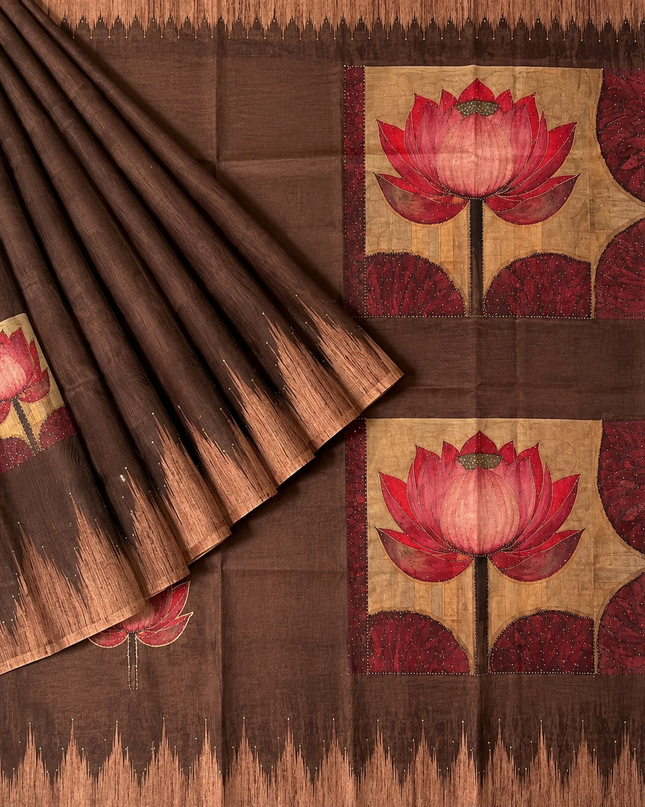 Chanderi Saree Lotus Butties Temple Design Border- Brown