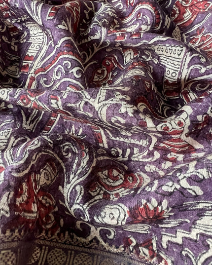 Munga Silk Saree With Floral Print and Kalmkari Border -  Brown