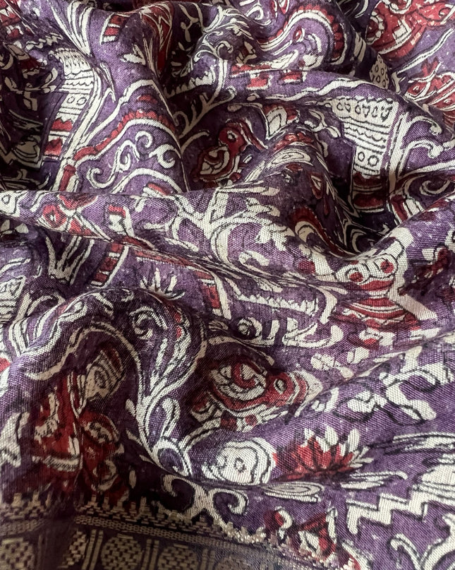 Munga Silk Saree With Floral Print and Kalmkari Border -  Brown