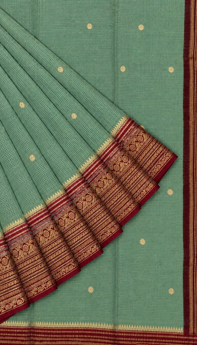 Green Silk Saree With Golden Zari Butties And Kanchi Border - Parrot Green