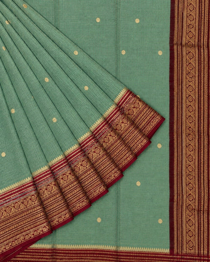 Green Silk Saree With Golden Zari Butties And Kanchi Border - Parrot Green